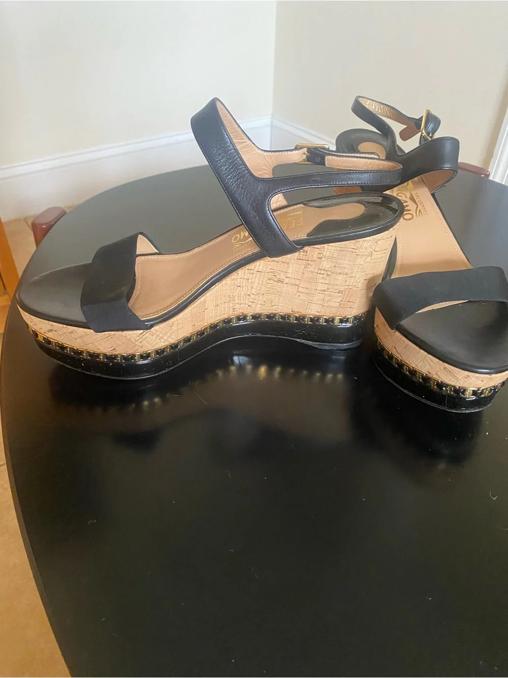 Salvatore Ferragamo Black Leather and Cork Platform Wedges